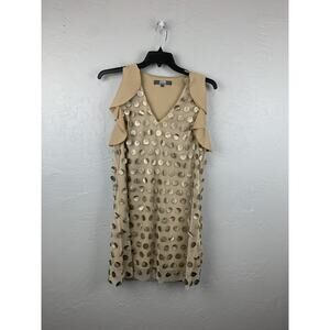 Eva Franco Dress Womens 8 Beige Gold Polka Dot Sleeveless Ruffle Sheath Made USA